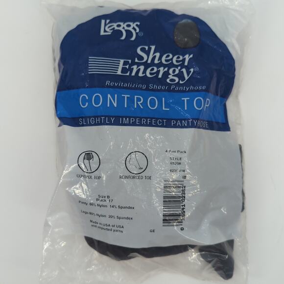 Vintage Leggs Black Control Top Pantyhose 4 Pair Size B Reinforced Toe Hosiery - Picture 1 of 9